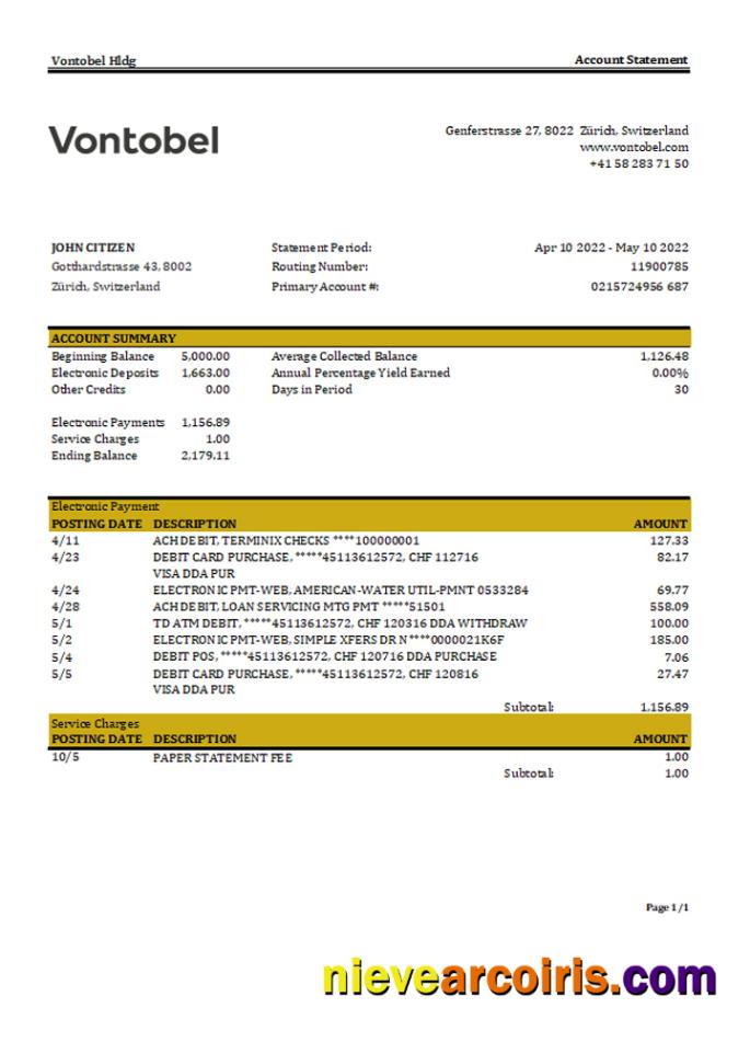 Switzerland Vontobel bank statement, Excel and PDF